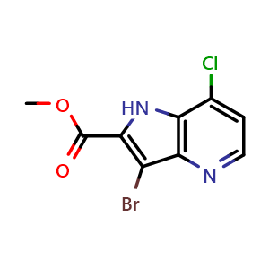Chemical structure of methyl 3-bromo-7-chloro-1H-pyrrolo[3,2-b]pyridine-2-carboxylate , CAS 2231675-84-4, AChemBlock P50239