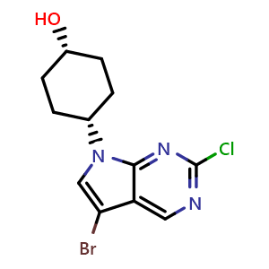Chemical structure of cis-4-{5-bromo-2-chloro-7H-pyrrolo[2,3-d]pyrimidin-7-yl}cyclohexan-1-ol , CAS 2227199-18-8, AChemBlock P50264