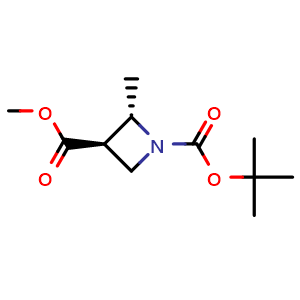 Chemical structure of 1-tert-butyl 3-methyl trans-2-methylazetidine-1,3-dicarboxylate , CAS 2231666-35-4, AChemBlock P50300