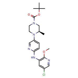 Chemical structure of tert-butyl (3R)-4-{6-[(5-chloro-2-methoxypyridin-3-yl)amino]pyridin-3-yl}-3-methylpiperazine-1-carboxylate , CAS 2227198-90-3, AChemBlock P50314