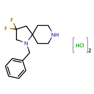 Chemical structure of 1-benzyl-3,3-difluoro-1,8-diazaspiro[4.5]decane dihydrochloride , CAS 2227205-10-7, AChemBlock P50339