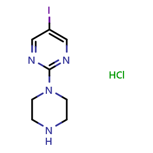 Chemical structure of 5-iodo-2-piperazin-1-yl-pyrimidine hydrochloride , CAS 2231677-09-9, AChemBlock P50459