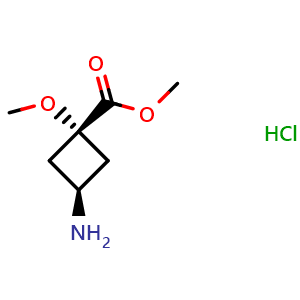 Chemical structure of methyl trans-3-amino-1-methoxycyclobutane-1-carboxylate hydrochloride , CAS 2231664-03-0, AChemBlock P50482