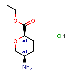 Chemical structure of ethyl cis-5-aminooxane-2-carboxylate hydrochloride , CAS 2227198-87-8, AChemBlock P50507
