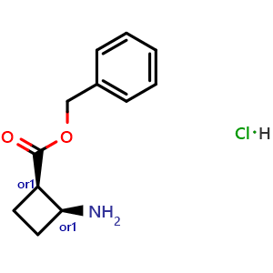 Chemical structure of benzyl cis-2-aminocyclobutane-1-carboxylate hydrochloride , CAS 2231664-11-0, AChemBlock P50519