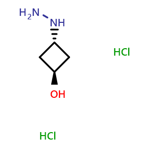Chemical structure of rel-(1r,3r)-3-hydrazinylcyclobutan-1-ol dihydrochloride , CAS 2231663-87-7, AChemBlock P50572