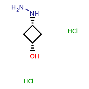 Chemical structure of rel-(1s,3s)-3-hydrazinylcyclobutan-1-ol dihydrochloride , CAS 2231663-69-5, AChemBlock P50573
