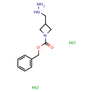 Chemical structure of benzyl 3-(hydrazinylmethyl)azetidine-1-carboxylate dihydrochloride , CAS 2231677-10-2, AChemBlock P50578