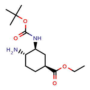 Chemical structure of ethyl (1S,3S,4S)-4-amino-3-{[(tert-butoxy)carbonyl]amino}cyclohexane-1-carboxylate , CAS 2231664-17-6, AChemBlock P50605