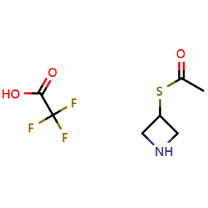 Chemical structure of 1-(azetidin-3-ylsulfanyl)ethan-1-one; trifluoroacetic acid , CAS 2231674-90-9, AChemBlock P50614