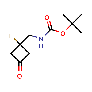 Chemical structure of tert-butyl N-[(1-fluoro-3-oxocyclobutyl)methyl]carbamate , CAS 2231675-68-4, AChemBlock P50617