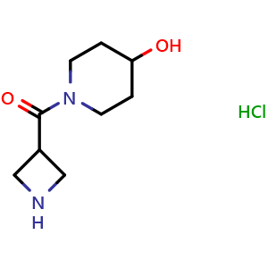 Chemical structure of 1-(azetidine-3-carbonyl)piperidin-4-ol hydrochloride , CAS 2227204-99-9, AChemBlock P50628