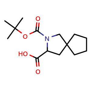 Chemical structure of 2-[(tert-butoxy)carbonyl]-2-azaspiro[4.4]nonane-3-carboxylic acid , CAS 2227204-72-8, AChemBlock P50639