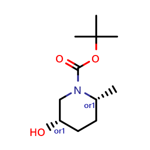 Chemical structure of tert-butyl cis-5-hydroxy-2-methyl-piperidine-1-carboxylate , CAS 2490154-98-6, AChemBlock P50660