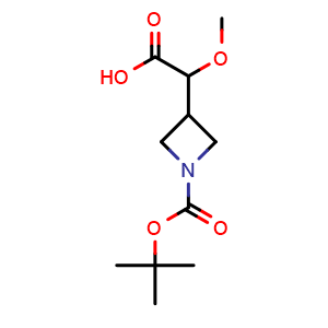 Chemical structure of 2-{1-[(tert-butoxy)carbonyl]azetidin-3-yl}-2-methoxyacetic acid , CAS 2231673-77-9, AChemBlock P50672