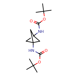 Chemical structure of tert-butyl N-(3-{[(tert-butoxy)carbonyl]amino}bicyclo[1.1.1]pentan-1-yl)carbamate , CAS 2231676-10-9, AChemBlock P50686
