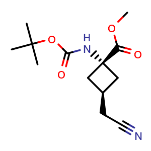 Chemical structure of methyl trans-1-{[(tert-butoxy)carbonyl]amino}-3-(cyanomethyl)cyclobutane-1-carboxylate , CAS 2231665-72-6, AChemBlock P50696