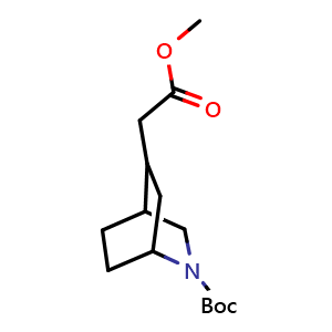 Chemical structure of tert-butyl 5-(2-methoxy-2-oxoethyl)-2-azabicyclo[2.2.2]octane-2-carboxylate , CAS 2231676-41-6, AChemBlock P50713