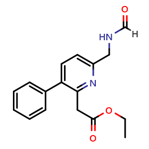Chemical structure of ethyl 2-[6-(formamidomethyl)-3-phenylpyridin-2-yl]acetate , CAS 2227107-74-4, AChemBlock P50716