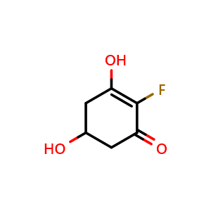 Chemical structure of 2-fluoro-3,5-dihydroxycyclohex-2-en-1-one , CAS 2231675-98-0, AChemBlock P50737