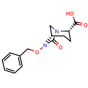 Chemical structure of (2S,5S)-6-(benzyloxy)-7-oxo-1,6-diazabicyclo[3.2.1]octane-2-carboxylic acid , CAS 2064219-14-1, AChemBlock P50758