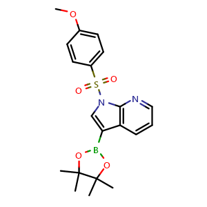 Chemical structure of 1-((4-methoxyphenyl)sulfonyl)-3-(4,4,5,5-tetramethyl-1,3,2-dioxaborolan-2-yl)-1H-pyrrolo[2,3-b]pyridine , CAS 2304635-47-8, AChemBlock P50769