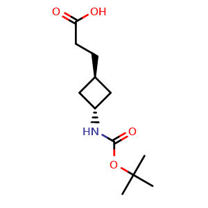 Chemical structure of trans-3-(Boc-amino)cyclobutylpropanoic acis , CAS 2231664-26-7, AChemBlock P50807