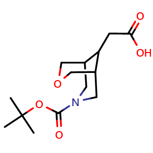 Chemical structure of 2-{7-[(tert-butoxy)carbonyl]-3-oxa-7-azabicyclo[3.3.1]nonan-9-yl}acetic acid , CAS 2231676-51-8, AChemBlock P50810