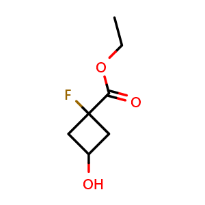 Chemical structure of ethyl 1-fluoro-3-hydroxycyclobutane-1-carboxylate , CAS 2231675-40-2, AChemBlock P50836