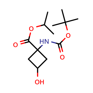 Chemical structure of propan-2-yl 1-{[(tert-butoxy)carbonyl]amino}-3-hydroxycyclobutane-1-carboxylate , CAS 2227205-70-9, AChemBlock P50839