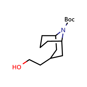 Chemical structure of tert-butyl 3-(2-hydroxyethyl)-9-azabicyclo[3.3.1]nonane-9-carboxylate , CAS 2231676-37-0, AChemBlock P50857