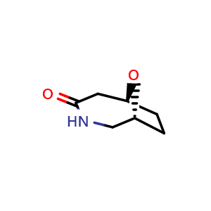 Chemical structure of (1R,6S)-9-oxa-3-azabicyclo[4.2.1]nonan-4-one , CAS 2231663-58-2, AChemBlock P50875