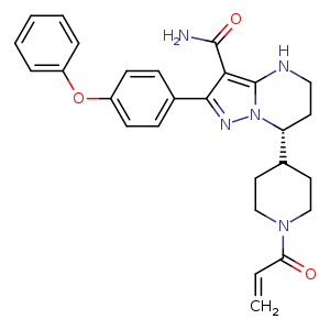 Chemical structure of (7R)-2-(4-phenoxyphenyl)-7-[1-(prop-2-enoyl)piperidin-4-yl]-4H,5H,6H,7H-pyrazolo[1,5-a]pyrimidine-3-carboxamide , CAS 1691249-44-1, AChemBlock P50919