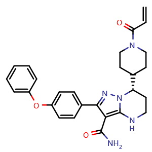 Chemical structure of (7S)-2-(4-phenoxyphenyl)-7-[1-(prop-2-enoyl)piperidin-4-yl]-4H,5H,6H,7H-pyrazolo[1,5-a]pyrimidine-3-carboxamide , CAS 1691249-45-2, AChemBlock P50926