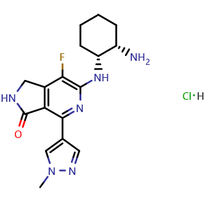 Chemical structure of 6-{[(1R,2S)-2-aminocyclohexyl]amino}-7-fluoro-4-(1-methyl-1H-pyrazol-4-yl)-1H,2H,3H-pyrrolo[3,4-c]pyridin-3-one hydrochloride , CAS 1952251-28-3, AChemBlock P50931
