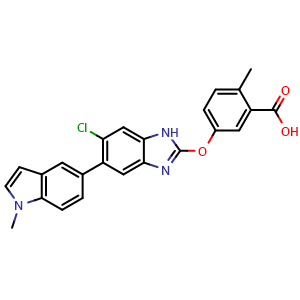 Chemical structure of 5-{[6-chloro-5-(1-methyl-1H-indol-5-yl)-1H-1,3-benzodiazol-2-yl]oxy}-2-methylbenzoic acid , CAS 1219739-36-2, AChemBlock P50932