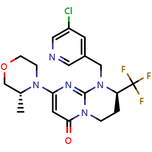 Chemical structure of (2R)-1-[(5-chloropyridin-3-yl)methyl]-8-[(3R)-3-methylmorpholin-4-yl]-2-(trifluoromethyl)-1H,2H,3H,4H,6H-pyrimido[1,2-a][1,3]diazin-6-one , CAS 1946010-79-2, AChemBlock P50935