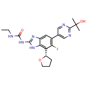 Chemical structure of 3-ethyl-1-{6-fluoro-5-[2-(2-hydroxypropan-2-yl)pyrimidin-5-yl]-7-[(2S)-oxolan-2-yl]-1H-1,3-benzodiazol-2-yl}urea , CAS 1637476-15-3, AChemBlock P50947