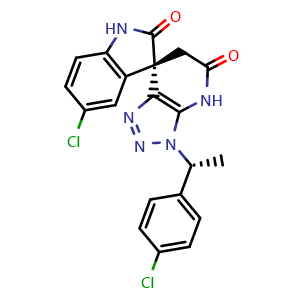 Chemical structure of (7S)-5'-chloro-3-[(1R)-1-(4-chlorophenyl)ethyl]-1',2',3,4,5,6-hexahydrospiro[[1,2,3]triazolo[4,5-b]pyridine-7,3'-indole]-2',5-dione , CAS 1630979-55-3, AChemBlock P50948