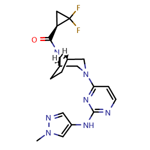 Chemical structure of 4-[(1R,5S)-8-[(1R)-2,2-difluorocyclopropanecarbonyl]-3,8-diazabicyclo[3.2.1]octan-3-yl]-N-(1-methyl-1H-pyrazol-4-yl)pyrimidin-2-amine , CAS 1883299-63-5, AChemBlock P50951