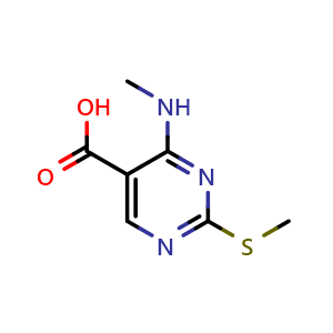Chemical structure of 4-(methylamino)-2-(methylthio)-5-pyrimidinecarboxylic acid , CAS 863028-98-2, AChemBlock P51007