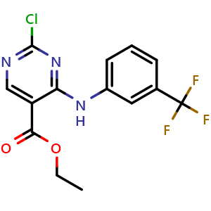 Chemical structure of ethyl 2-chloro-4-(3-(trifluoromethyl)phenylamino)pyrimidine-5-carboxylate , CAS 227449-11-8, AChemBlock P51020