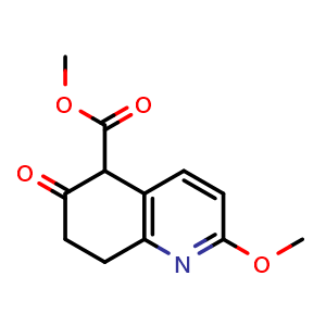 Chemical structure of 2-methoxy-6-oxo-5,6,7,8-tetrahydro-quinoline-5-carboxylic acid methyl ester , CAS 130518-34-2, AChemBlock P51037
