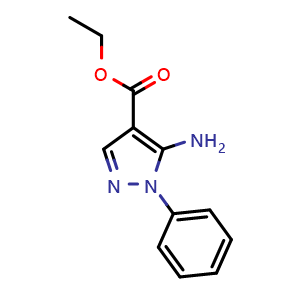 Chemical structure of 5-amino-4-carbethoxy-1-phenylpyrazole , CAS 16078-71-0, AChemBlock P51103