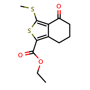 Chemical structure of ethyl 3-(methylthio)-4-oxo-4,5,6,7-tetrahydrobenzo[c]thiophene-1-carboxylate , CAS 168279-54-7, AChemBlock P51187