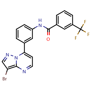 Chemical structure of n-(3-(3-bromopyrazolo[1,5-a]pyrimidin-7-yl)phenyl)-3-(trifluoromethyl)benzamide , CAS 950738-61-1, AChemBlock P51221