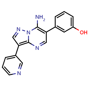 Chemical structure of 3-(7-amino-3-(pyridin-3-yl)pyrazolo[1,5-a]pyrimidin-6-yl)phenol , CAS 861249-77-6, AChemBlock P51302