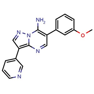 Chemical structure of 6-(3-methoxyphenyl)-3-(pyridin-3-yl)pyrazolo[1,5-a]pyrimidin-7-amine , CAS 861249-59-4, AChemBlock P51303