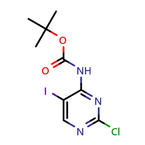 Chemical structure of (2-Chloro-5-iodo-pyrimidin-4-yl)-carbamic acid tert-butyl ester , CAS 1359655-47-2, AChemBlock P51459
