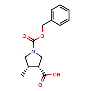 Chemical structure of (3R,4S)-1-(benzyloxycarbonyl)-4-methylpyrrolidine-3-carboxylic acid , CAS 1428243-36-0, AChemBlock P51542